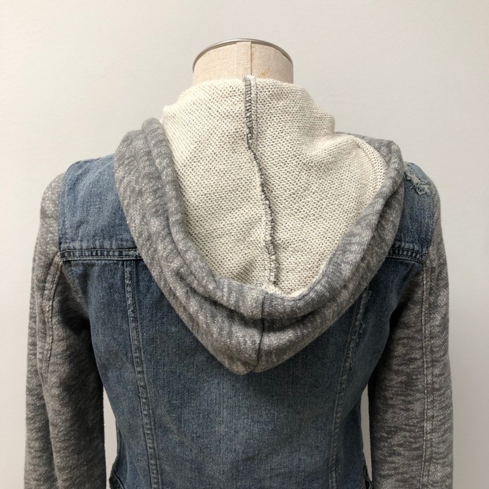 Free People Denim Jacket Womens Small Blue Grey Hooded Mixed Media Distressed - Picture 5 of 11